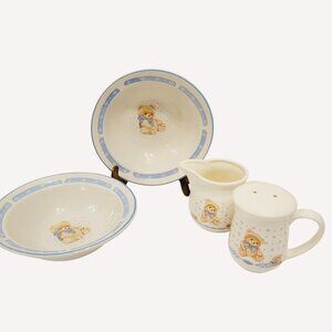 4pc 2 Bowls Salt Shaker Creamer Tienshan Stoneware Country Theodore Teddy Bear